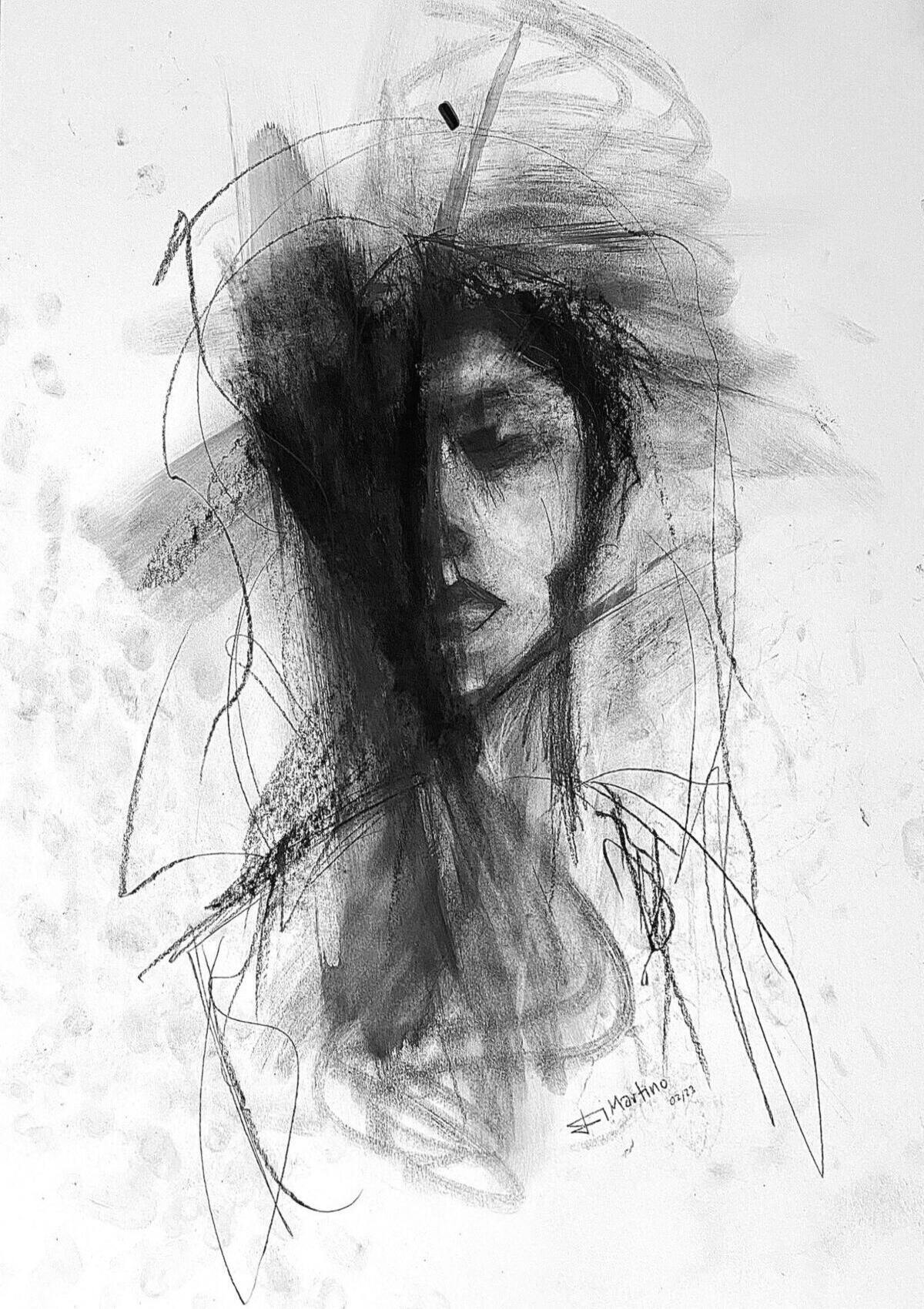 Kohlezeichnung „Anabell“ von Di Martino – halb verdecktes Frauenportrait, verwischte Linien und stiller Ausdruck