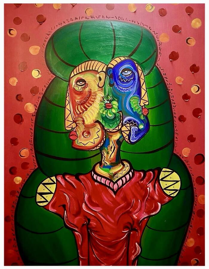 Visionäres Kunstwerk „Der Glücksbringer“ von Di Martino: Bunte Acrylmalerei als Erinnerung daran, dass Glück selbst gestaltet wird – mit Herz, Humor und Tatkraft.