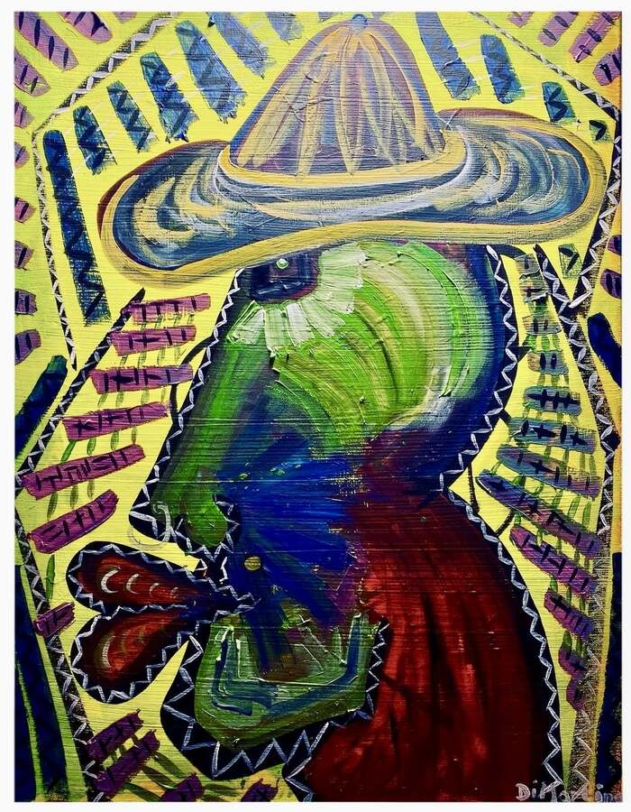 Abstraktes Porträt eines Mannes mit Sombrero in kräftigen Farben. Symbolischer Hüter der Farben von Künstler Di Martino – spirituell, geheimnisvoll, ausdrucksstark.