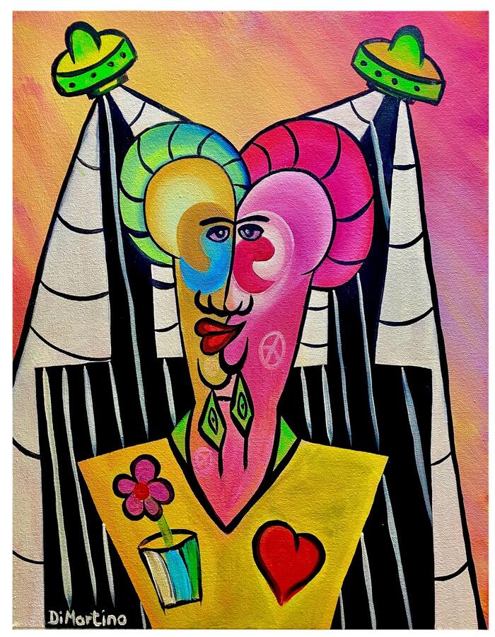 Visionäre Malerei „Die Herzensmenschen“ von Di Martino: Zwei bunte, vereinte Gesichter als Symbol für Liebe, Selbstakzeptanz und spirituelle Verbindung. Acryl auf Leinwand.