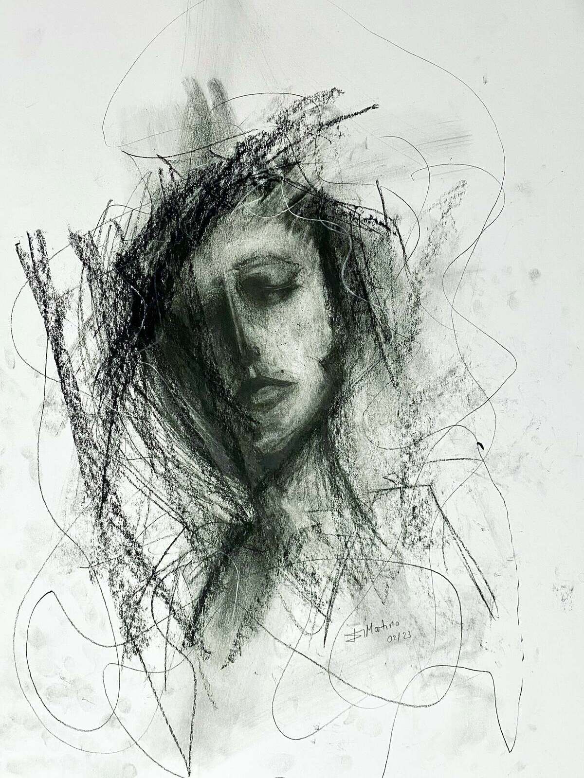 Kohlezeichnung „Giusy“ von Di Martino – ein zurückgenommenes Frauenportrait mit Linien zwischen Nähe und Auflösung