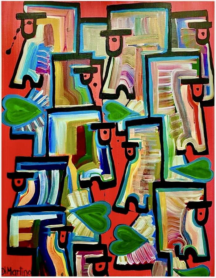 Visionäre Malerei von Di Martino: Rechteckige Gesichter erinnern an die mystischen Wächter der Osterinsel Rapa Nui. Spirituelle Kunst in Acryl.