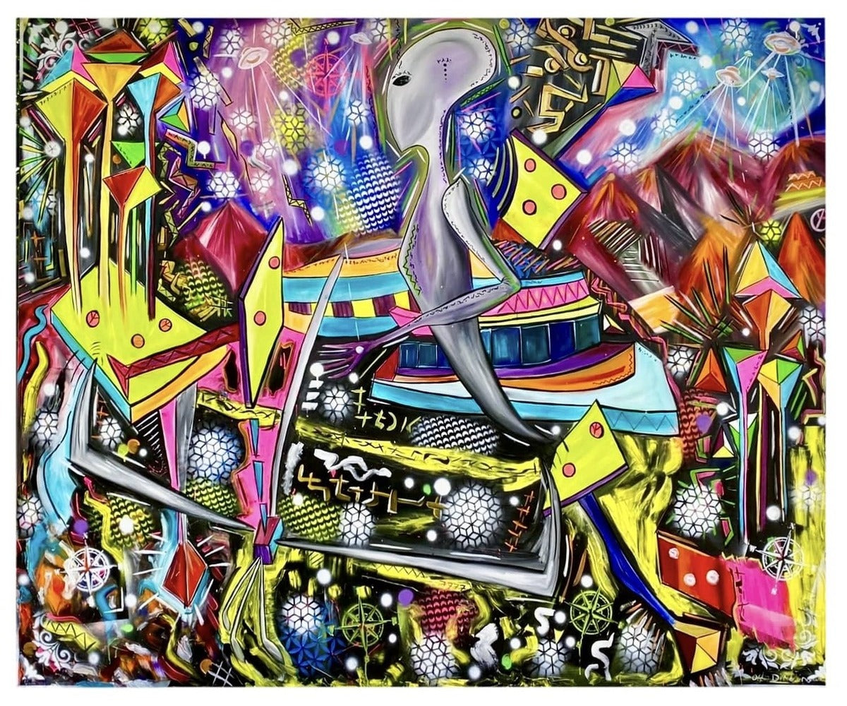 Extraterrestre – Visionäre Malerei von Di Martino über außerirdisches Leben, kosmische Verbundenheit und spirituelle Transformation. Mischtechnik auf Leinwand.